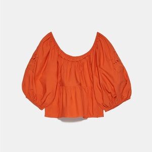 Zara Orange Puff Sleeve Crop Blouse